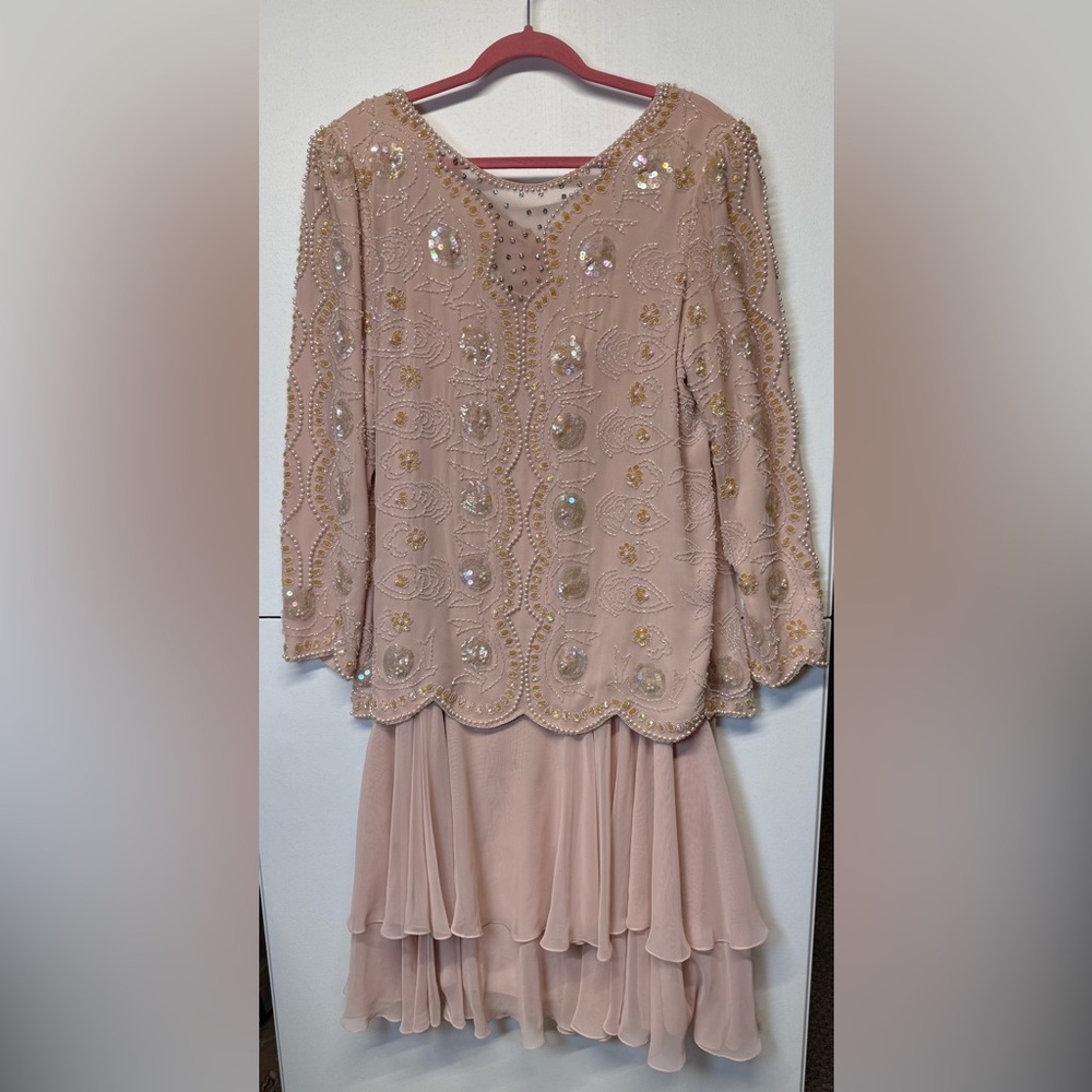 Ethereal Soft Pink Vtg Jack Bryan Elegant Beaded Midi Fairy Core 2 Piece Dress